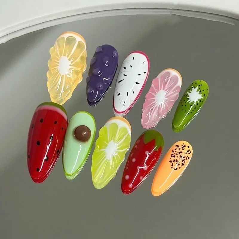 Nail Art Strawberry - 10pcs Handmade Summer Fruit False Nails