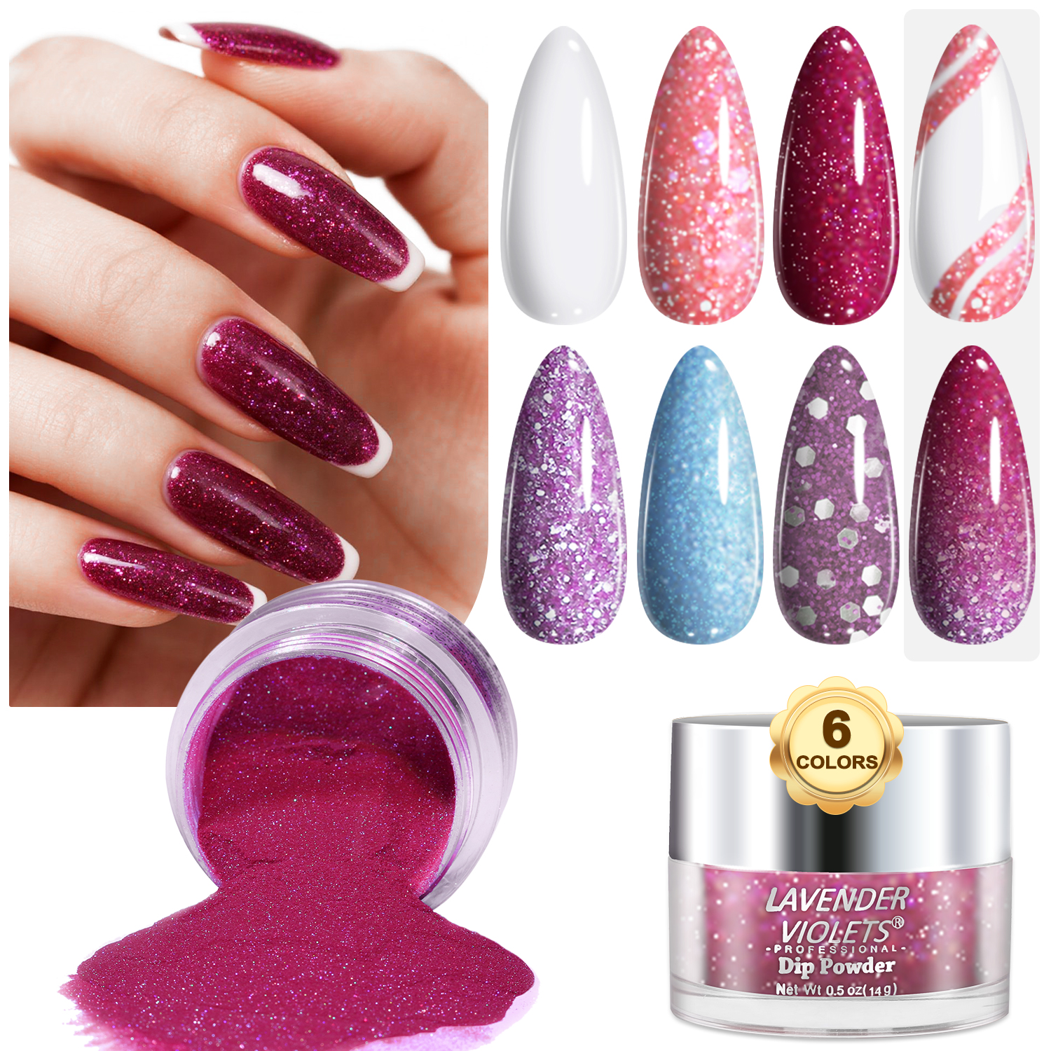Nail Art Violet - 6pcs Large Capacity Glitter Pink Purple