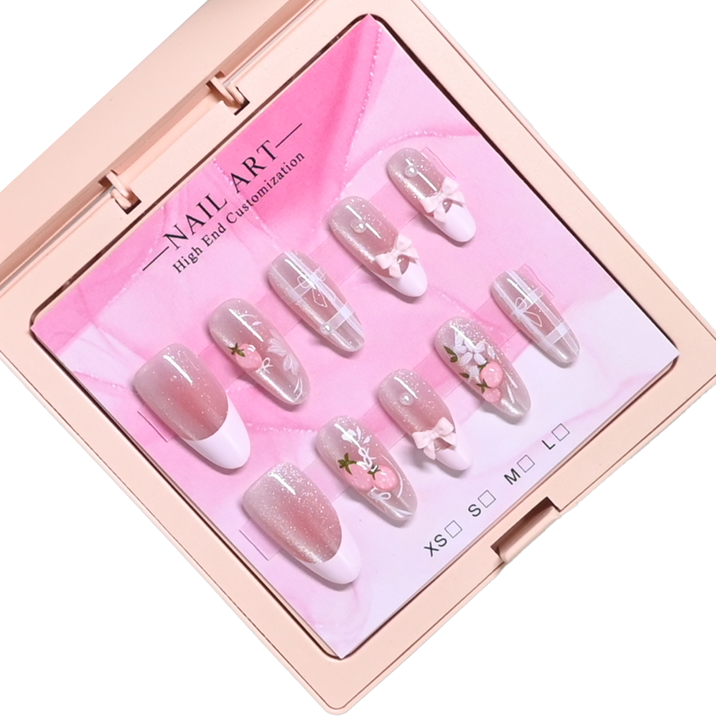 Nail Art Strawberry - 10 handmade almond nails in mirror