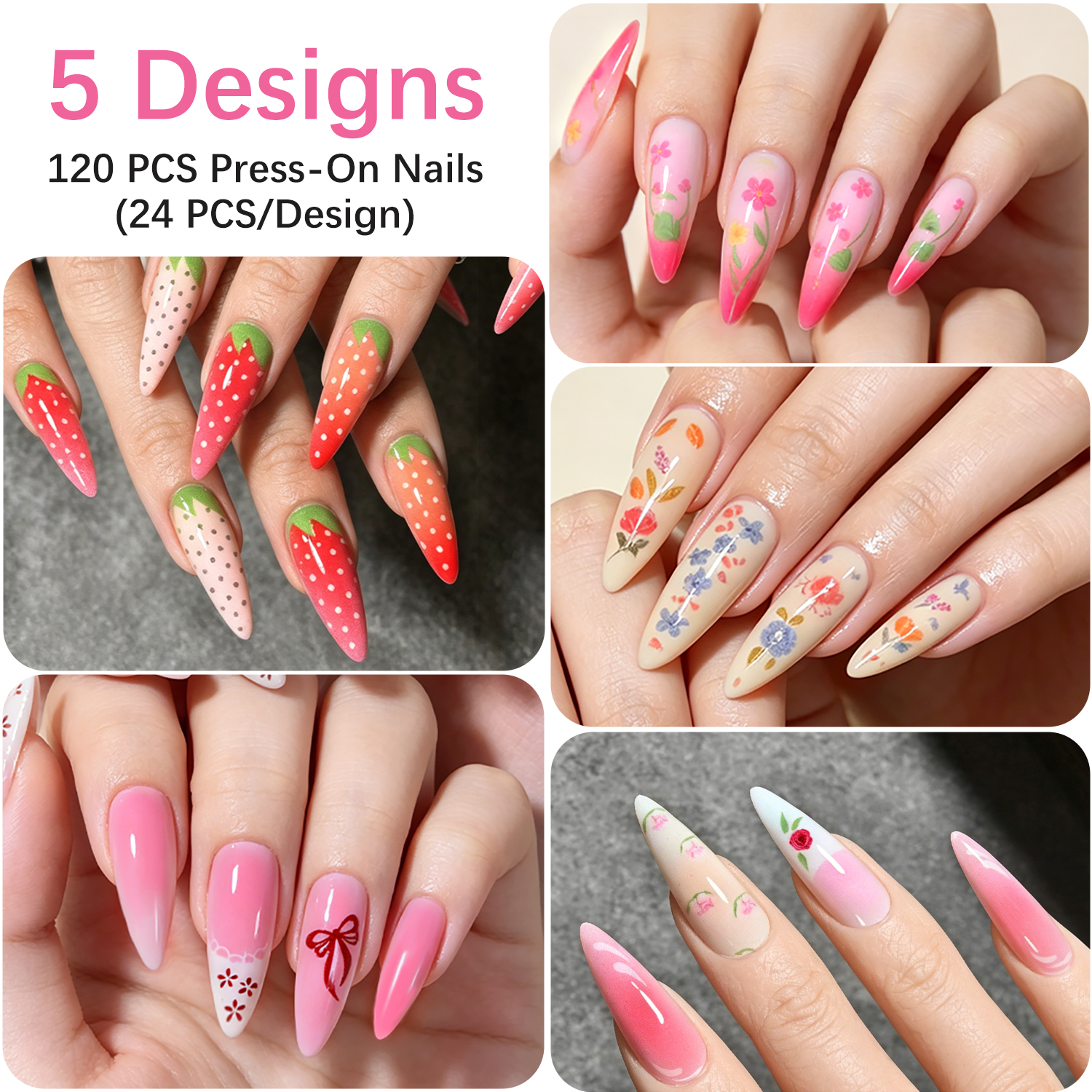 120Pcs Long Almond Press On Na - Nail Art Strawberry review and price